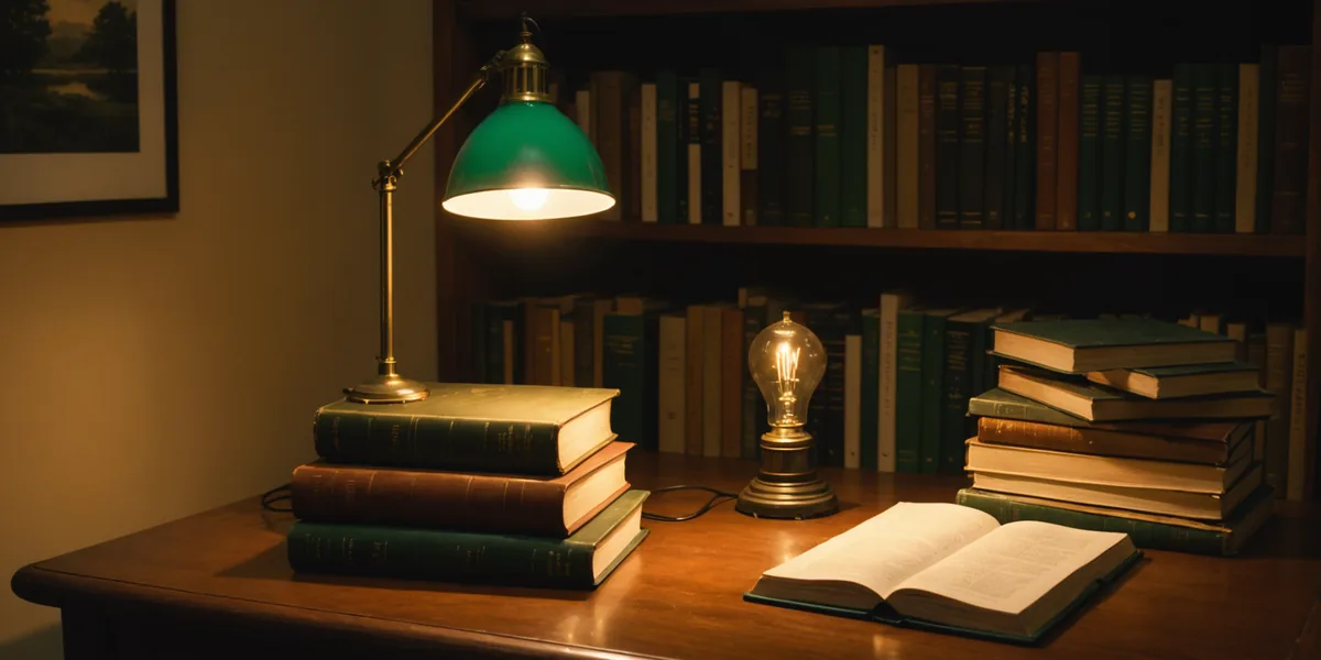 Quiet research workspace with warm desk lamp and open books
